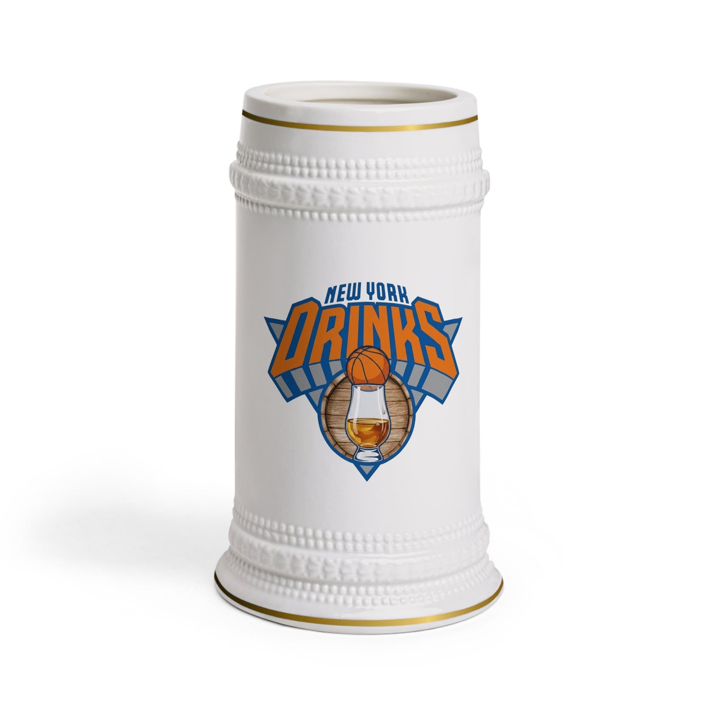 Beer Stein Mug - 'New York Drinks' Basketball & Whiskey Logo Ceramic Stein, Sports Fan Gift