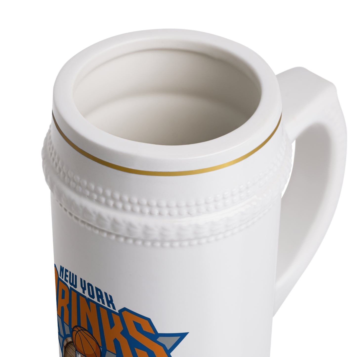 Beer Stein Mug - 'New York Drinks' Basketball & Whiskey Logo Ceramic Stein, Sports Fan Gift